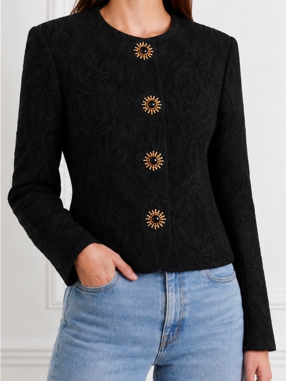 Pierre Balmain Black Textured Blazer with Gold Sunburst Buttons (fits like 6/8)